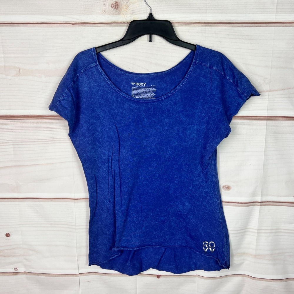 Roxy Top Womens Medium Blue Acid Wash T-Shirt Cap Sleeve Scoop Neck Cotton Knit